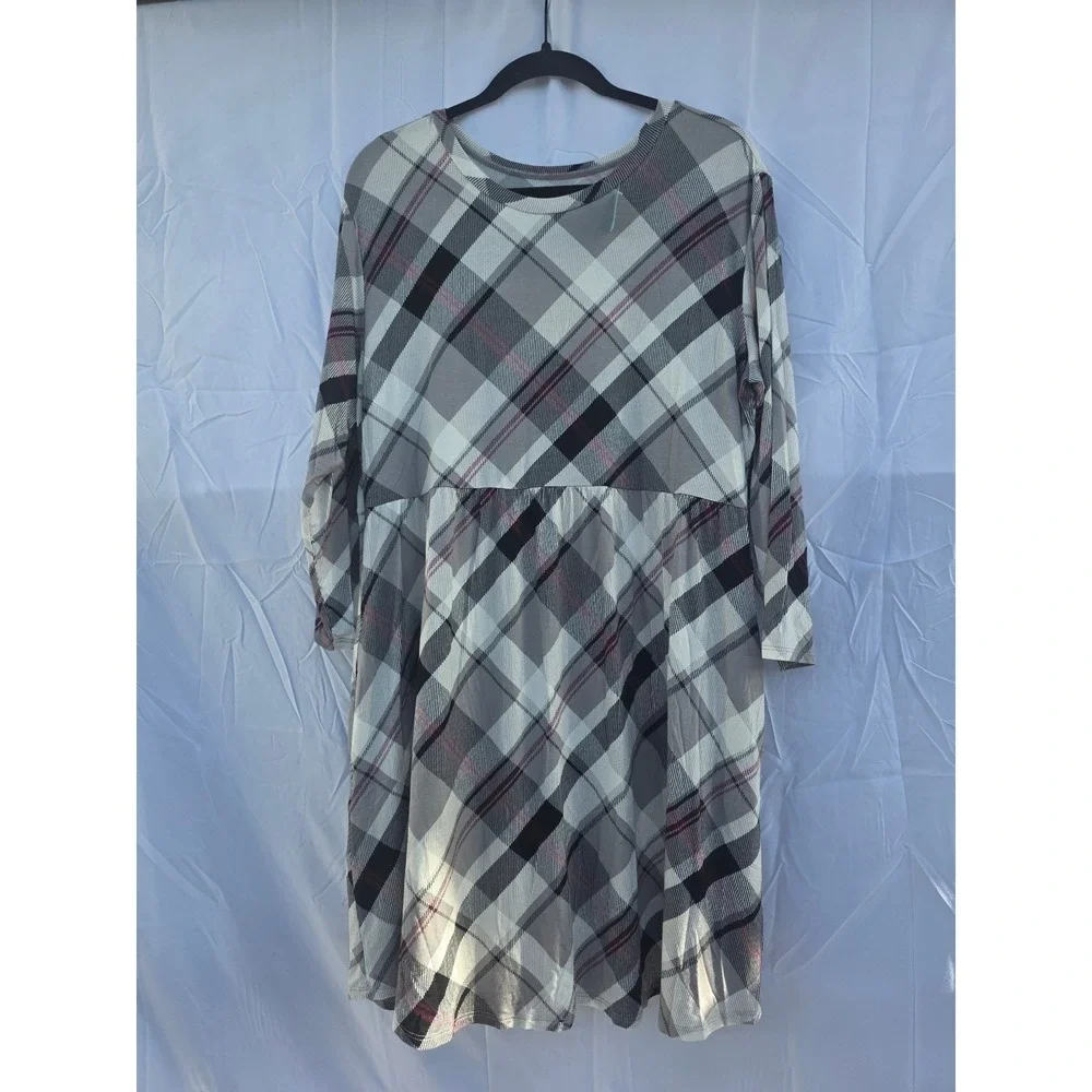 maurices grey dress Maurices 24/7 Womens XL Grey Plaid Empire Waist Pocket Midi Dress NWT  Stretch